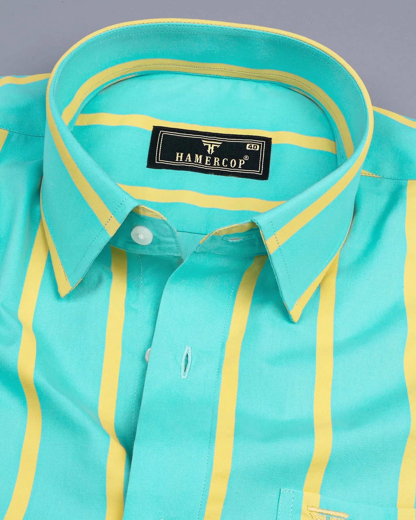 Munsell Blue With Yellow Poplin Broad Stripe Cotton Shirt