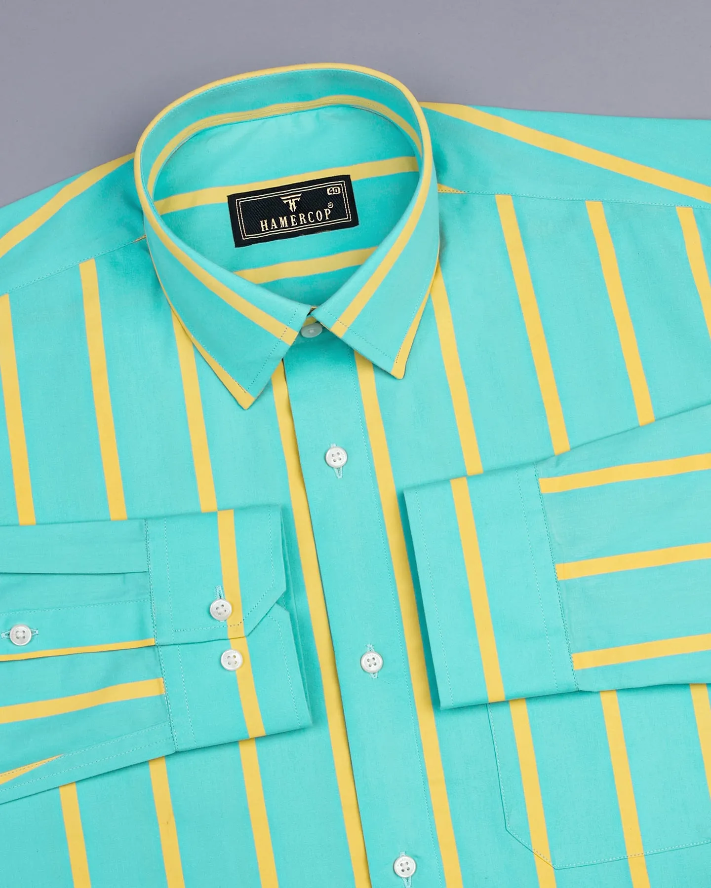 Munsell Blue With Yellow Poplin Broad Stripe Cotton Shirt