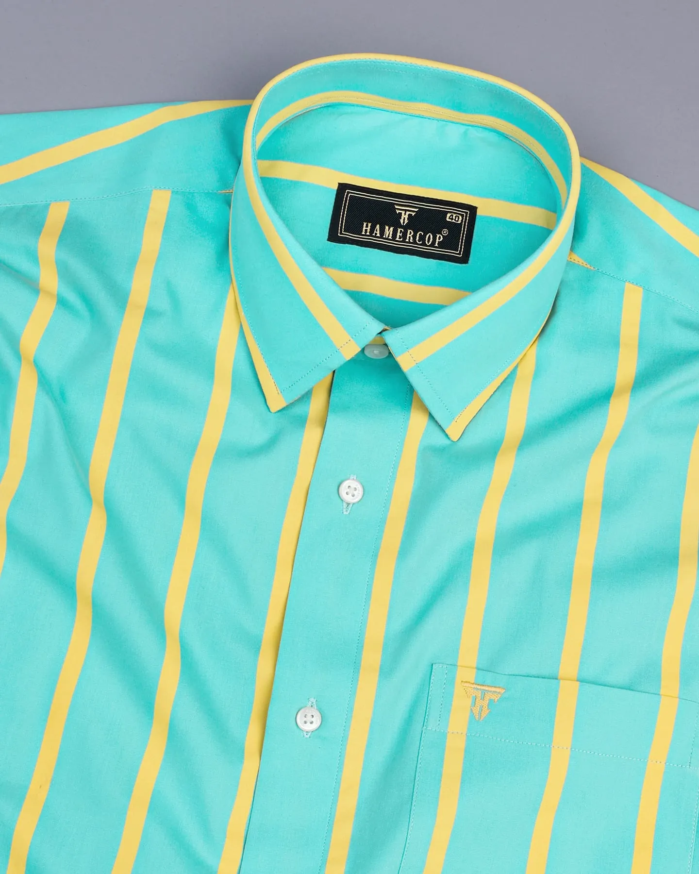 Munsell Blue With Yellow Poplin Broad Stripe Cotton Shirt