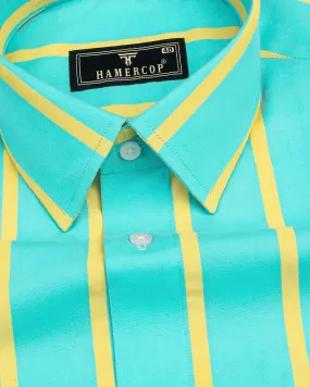 Munsell Blue With Yellow Poplin Broad Stripe Cotton Shirt