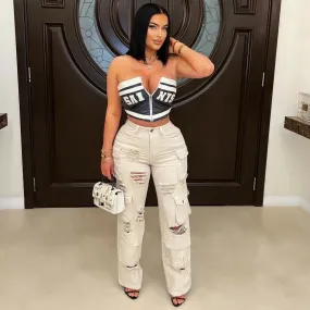 Sansi ripped cargo jeans (Ivory)
