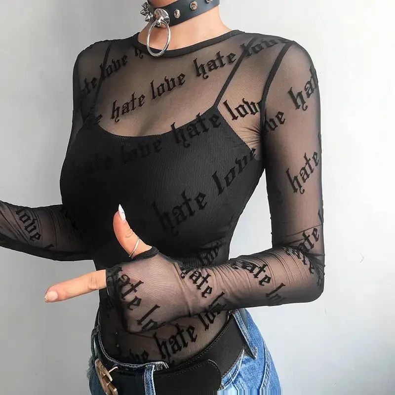 Sexy Women Mesh T-Shirts See-Through Perspective Tshirt Letter Printed O Neck Transparent Long Sleeve T Shirt Tops Women S4744670