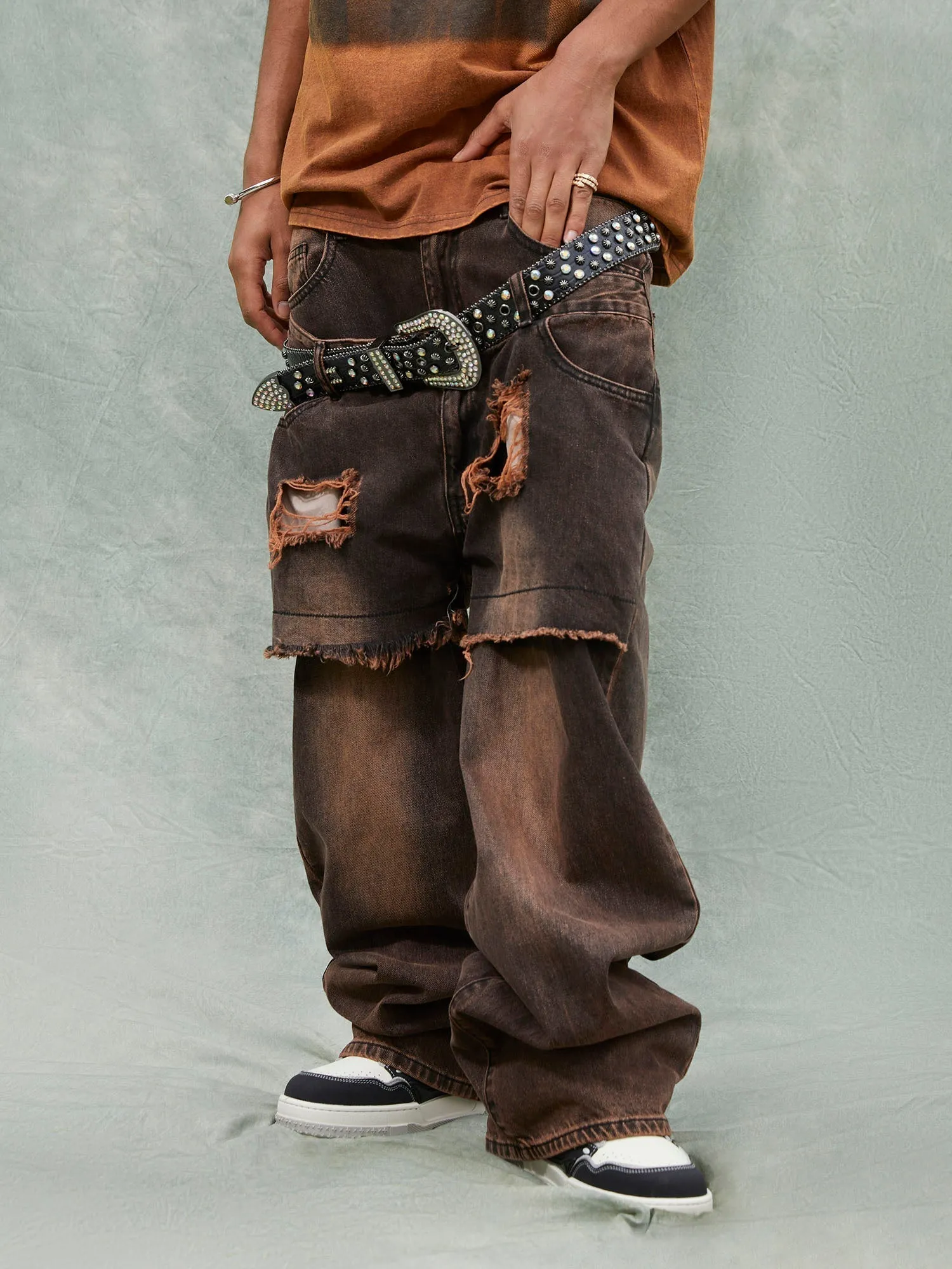 Sneakerhill Street Raw Edge Double Platet Design Ripped Jeans - 2000