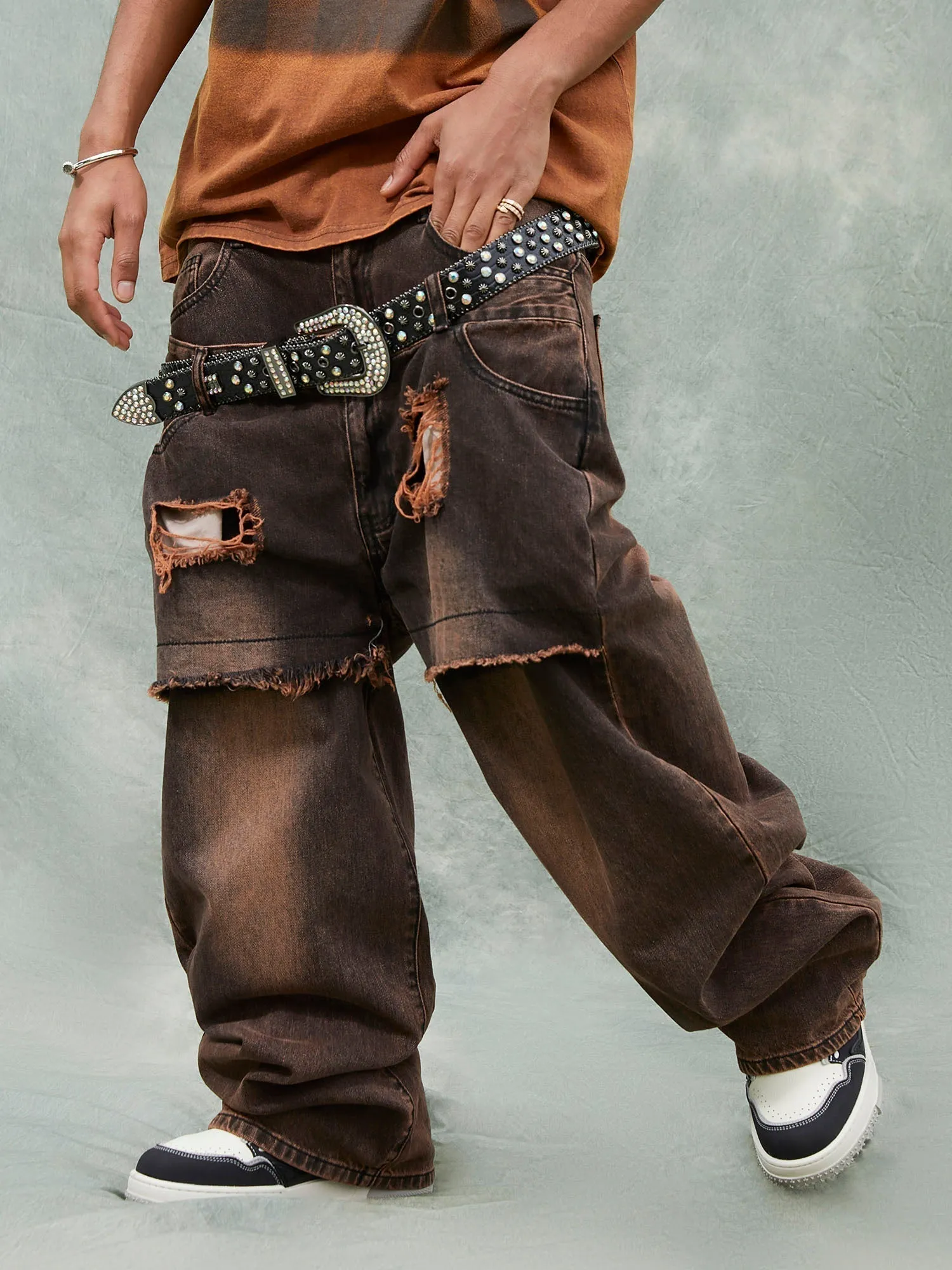Sneakerhill Street Raw Edge Double Platet Design Ripped Jeans - 2000