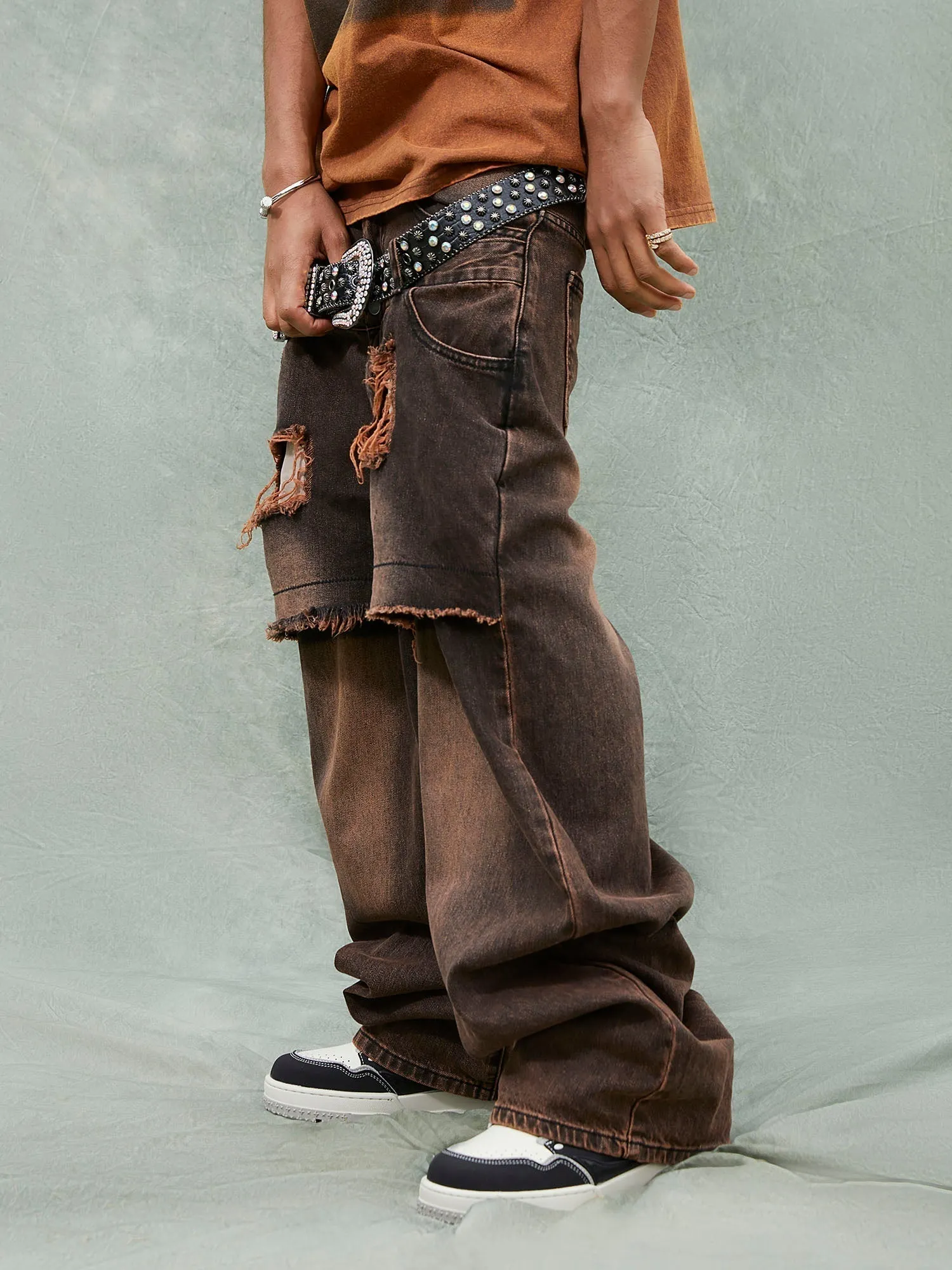 Sneakerhill Street Raw Edge Double Platet Design Ripped Jeans - 2000
