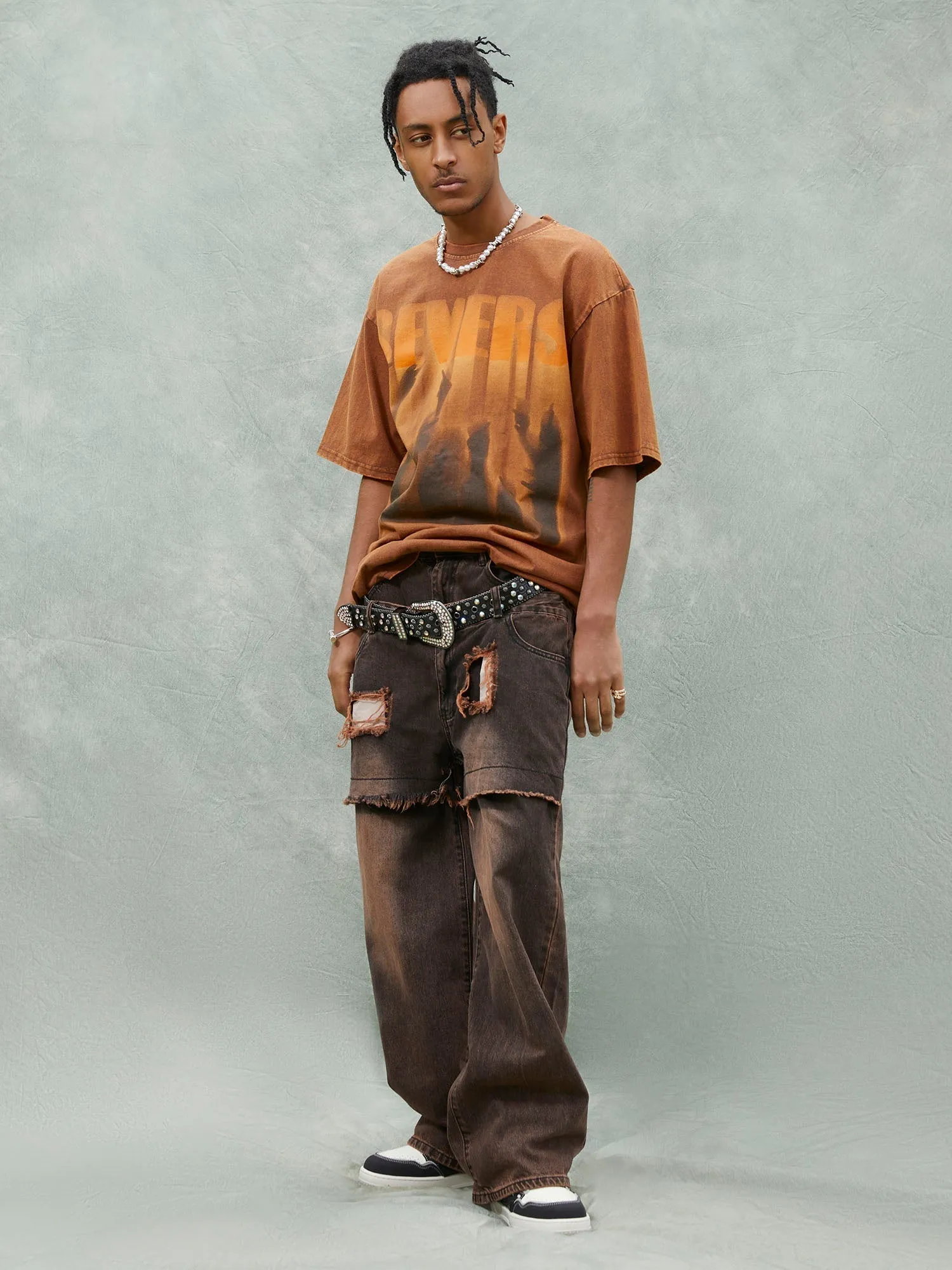 Sneakerhill Street Raw Edge Double Platet Design Ripped Jeans - 2000